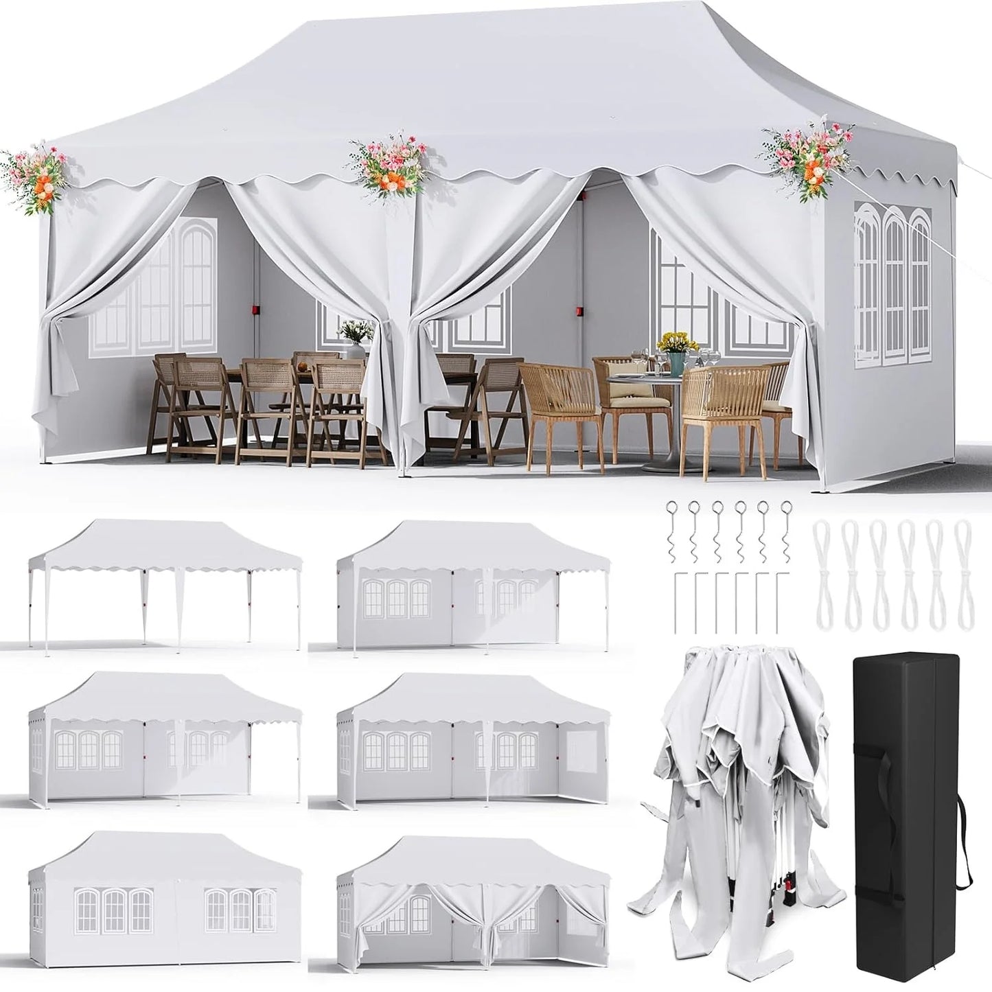 Pavilion Popup Gazebo 3x6m Waterproof Folding Gazebo Tent Party Tent 6 Side Panels Fully enclosed UV 50+ Height Adjustable 2-3M