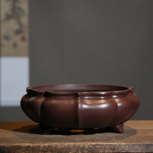 Purple Sand Bonsai Pot Vase, Chinese Shape, Carved, Home Room, Desk, Table, Garden Decoration