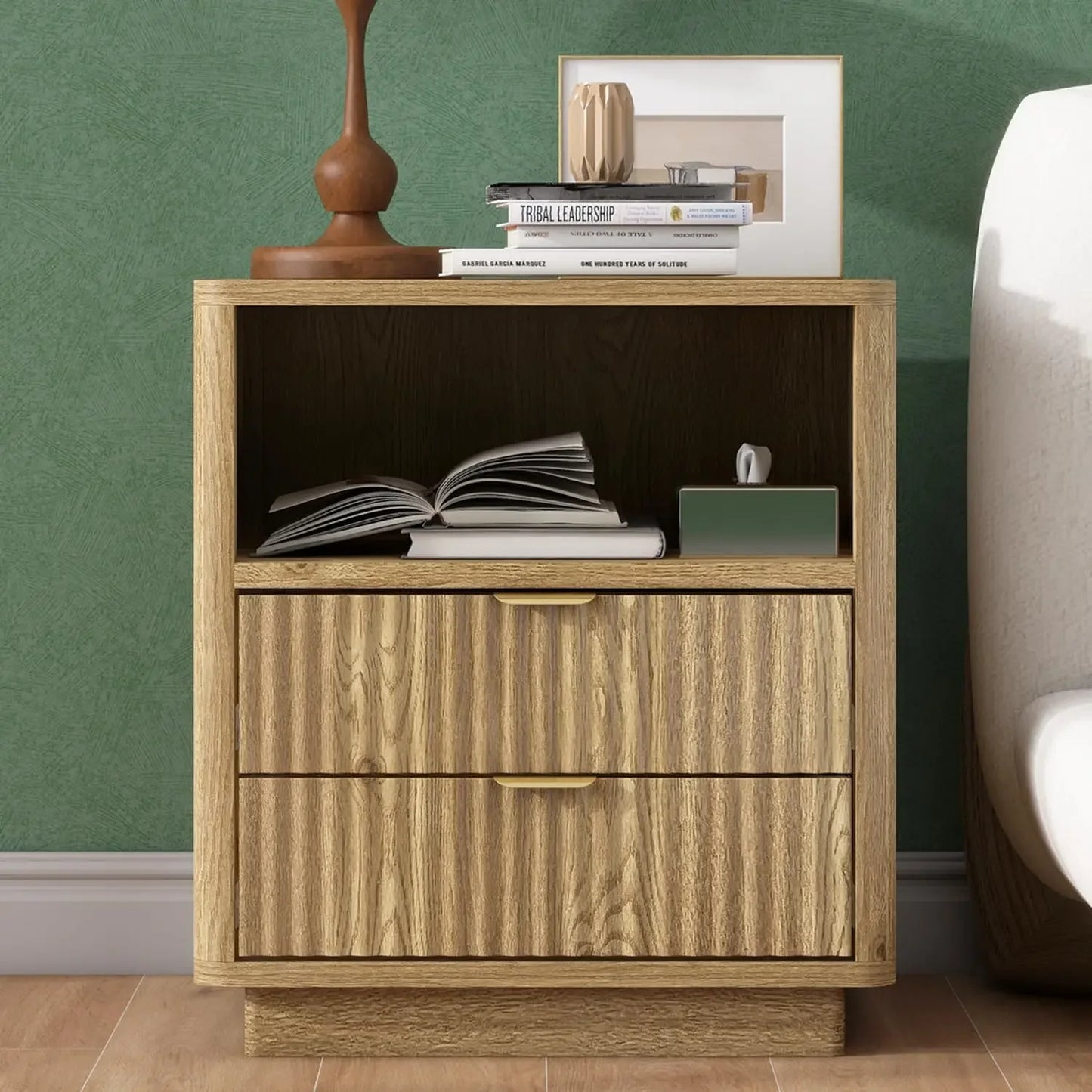 Fluted Nightstands Set of 2, Brown Night Stands with 2 Drawers and Open Shelves, Wooden Bedside Table Modern Design End Table