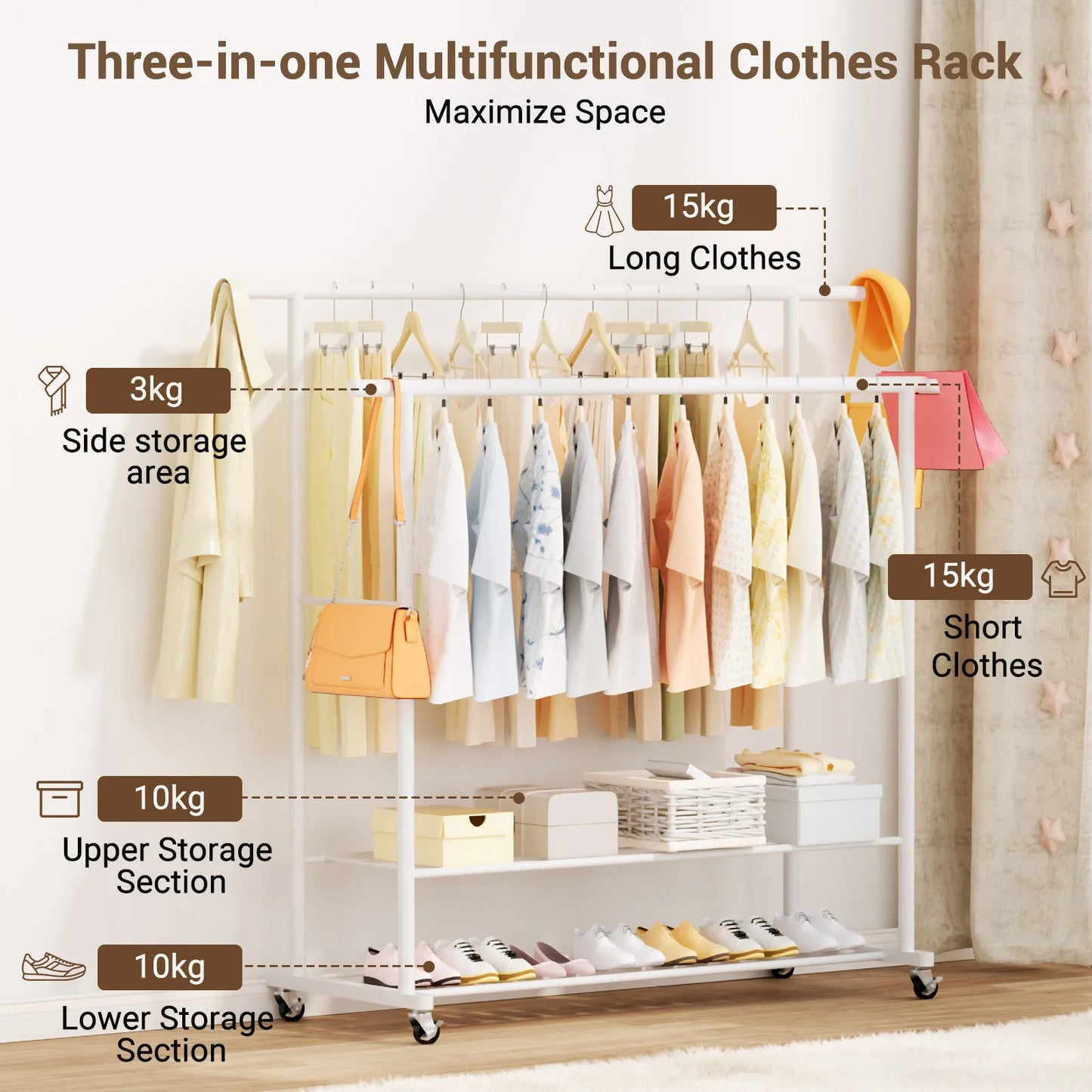 Loefme Wall Clothes Rack Double Rail Standing Clothes Rack Clothes Rail Shoe Rack Storage Shelf for Wardrobe Room Bedroom Living