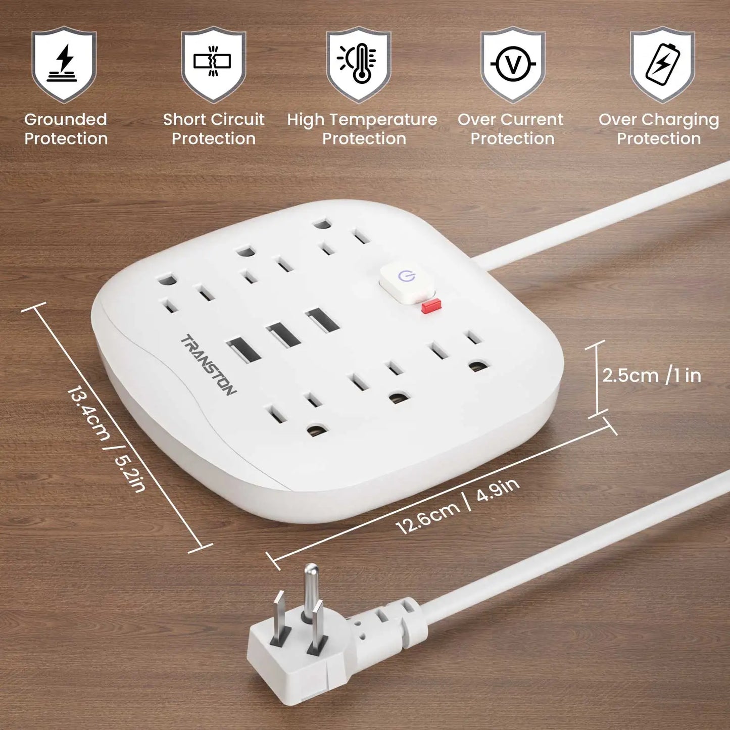 TRANSTON Power Outlet with Surge Protector, 6 power strip 3 USB Ports,