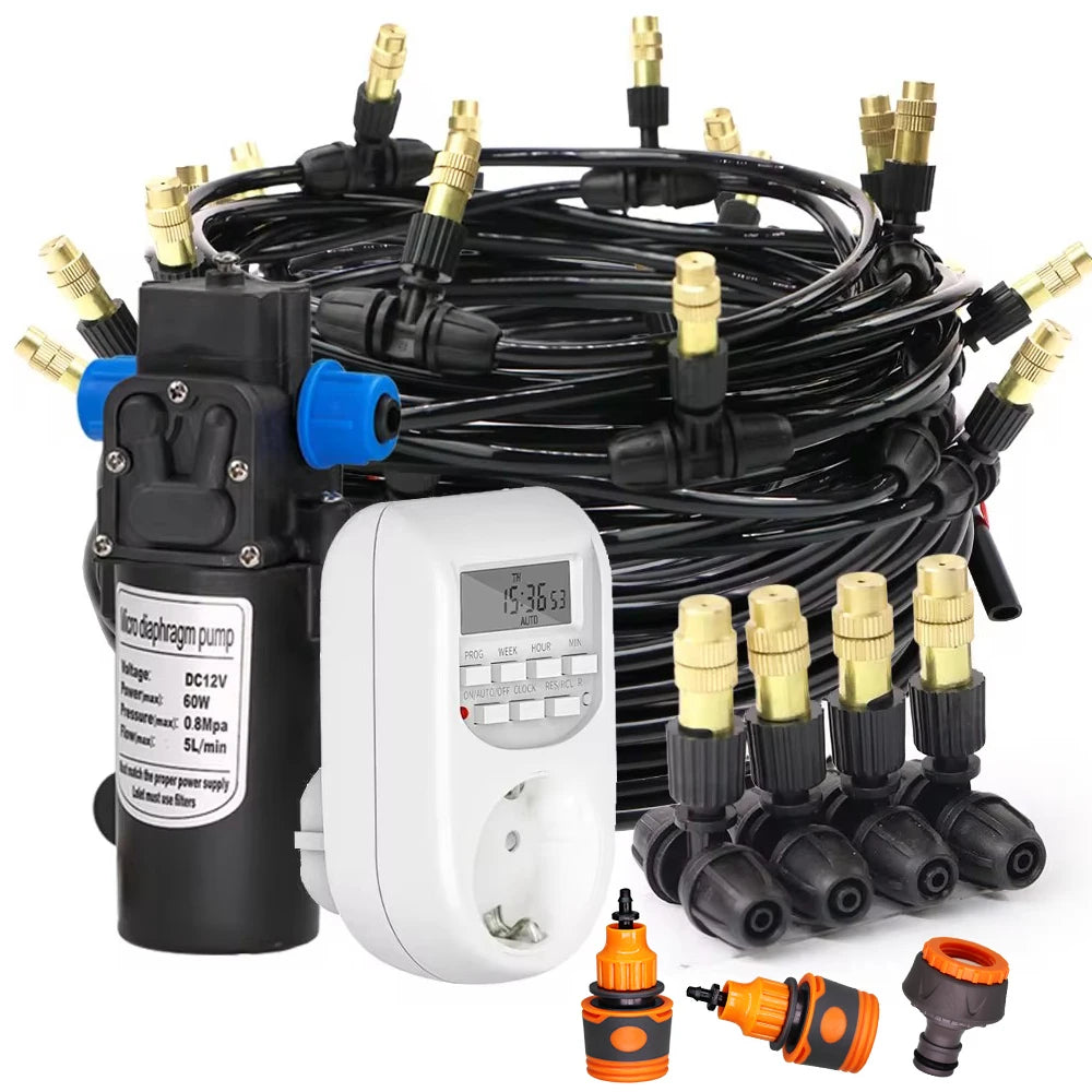 10-25M Garden Adjustable Brass Nozzle Misting 1/4" Watering System 60W Self-Priming Pump Automatic Cool Irrigation Equipment
