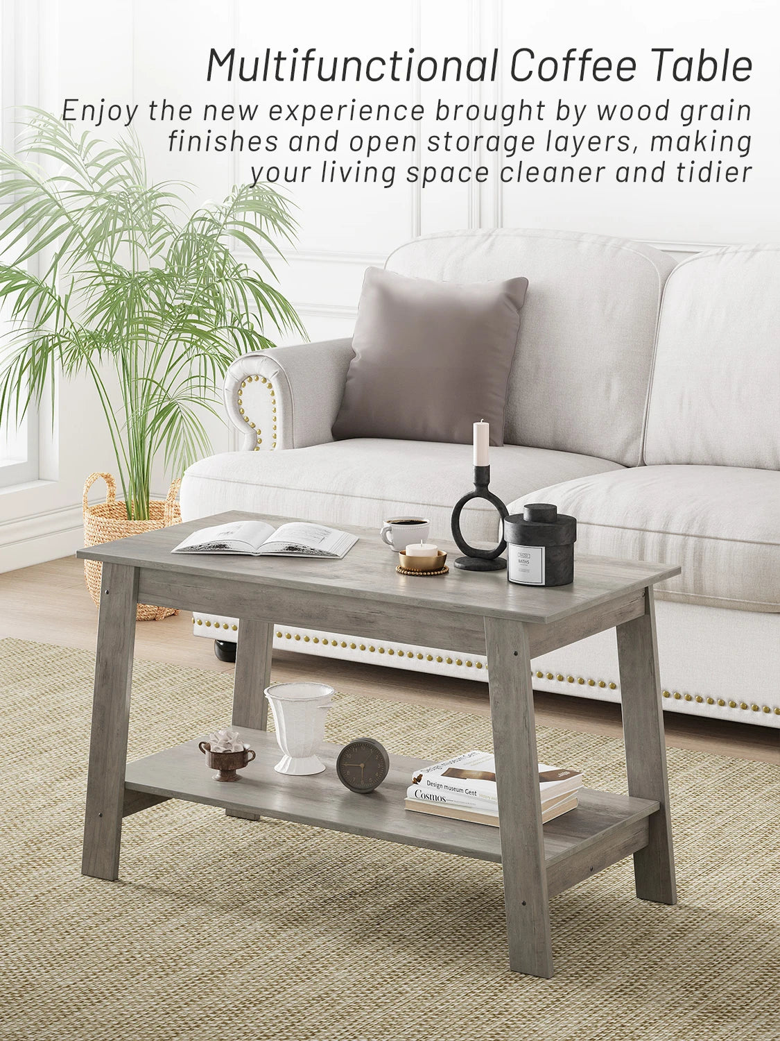 Rustic Farmhouse Wood Coffee Table with Storage Shelf, Rectangular Small Center Side Table for Living Room, Easy Assembly