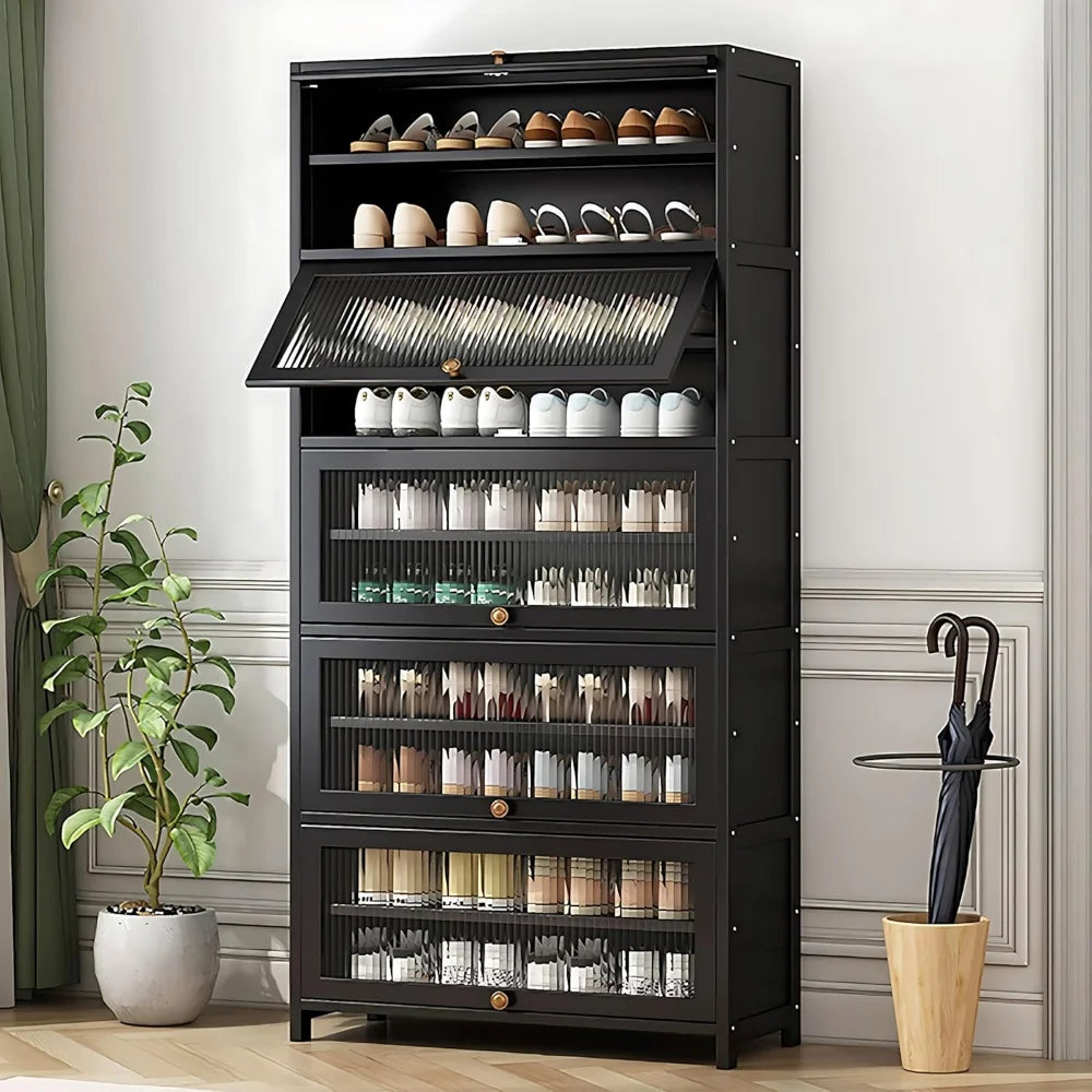 Tall Shoe Cabinet, 10 Tiers 40-45 Pairs Heavy Duty Bamboo Freestanding Shoe Storage Cabinet