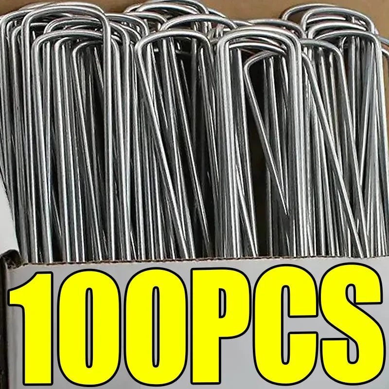 100/10pcs U-shaped Garden Stakes Heavy-duty Galvanized Steel Fence Tubing Staples Landscape Spikes for Lawns Barrier Ground Nail