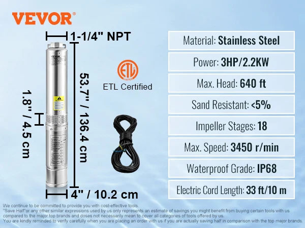 SucceBuy Deep Well Submersible Pump 0.5/1/1.5/2/3 HP 230V/60Hz Stainless Steel Water Pumps for Industrial, Irrigation & Home Use