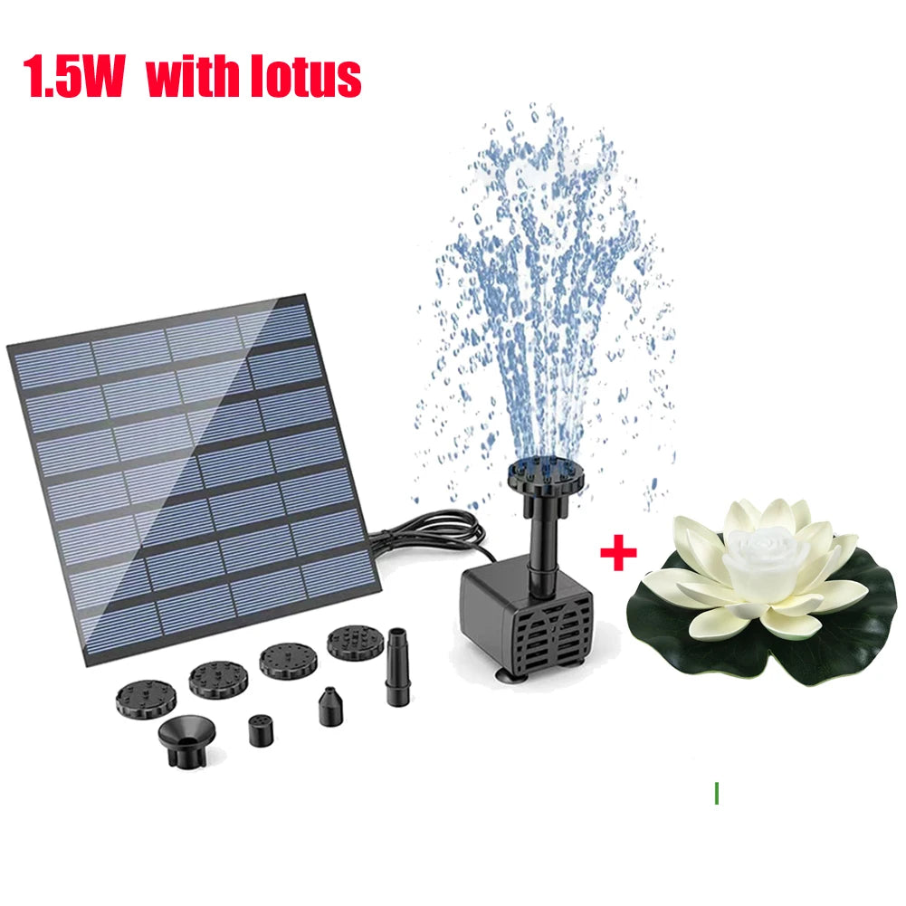 1.5W Solar Fountain Pump with 6 Nozzles Mini Fountain Pool Pond Waterfall for Outdoor Bird Bath Pond Garden Decor Floating Lotus