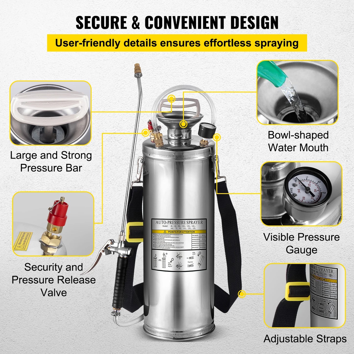 SucceBuy 4-12L Hand Powered Sprayer Stainless Steel Watering Spraying Atomizer Pump Home Ground Garden Cleaning Sprayer