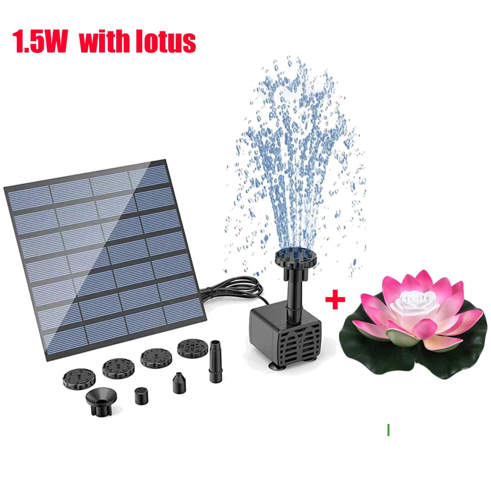 1.5W Solar Fountain Pump with 6 Nozzles Mini Fountain Pool Pond Waterfall for Outdoor Bird Bath Pond Garden Decor Floating Lotus