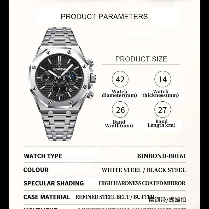 BINBOND B0161 Men's Luxury Luminous Waterproof Stainless Steel Watch