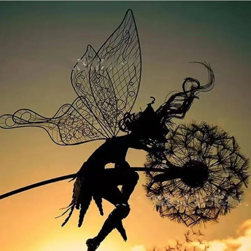 Fairies Angel With Dandelions Flowers Dance,Fairy Garden Decoration Outdoor,Sculptures & Figurines Inserted Soil Metal Craft