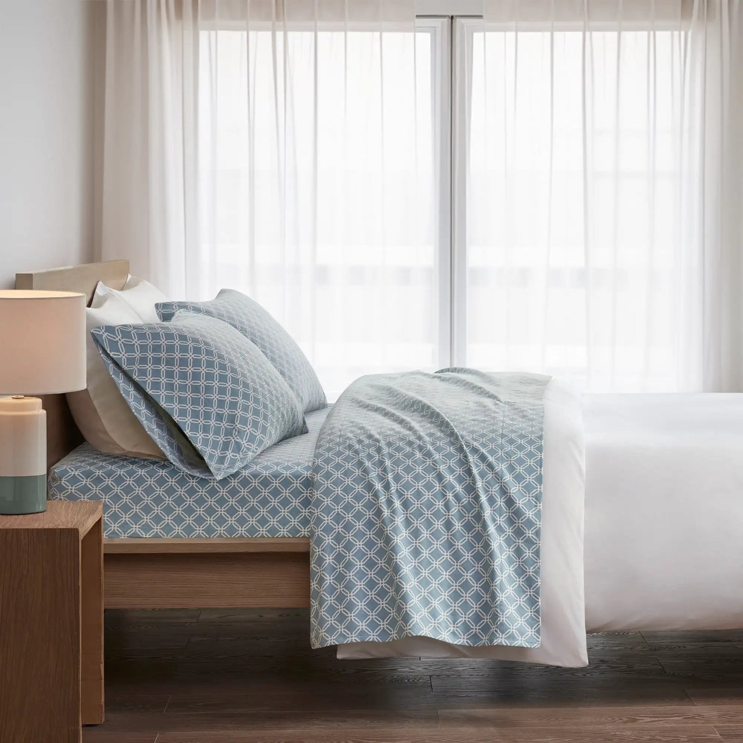 Queen Size Bed Sheets Set, 4-Piece Cozy Cotton Flannel Sheets Set Queen with Deep Pocket Fitted Sheet, Blue Geo