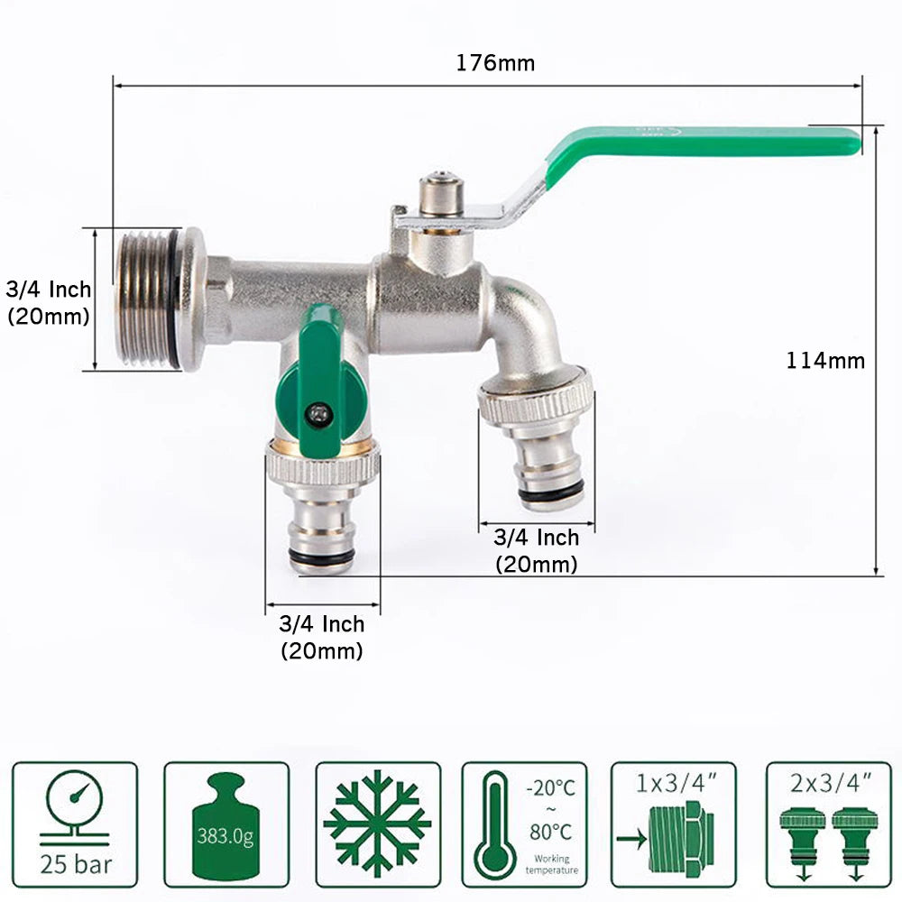 Double Tap 20/25mm input 3/4 Inch Outlet w/ Thicken Outlet Valve Detachable for Garden Drinking Water Farm with Green Handle