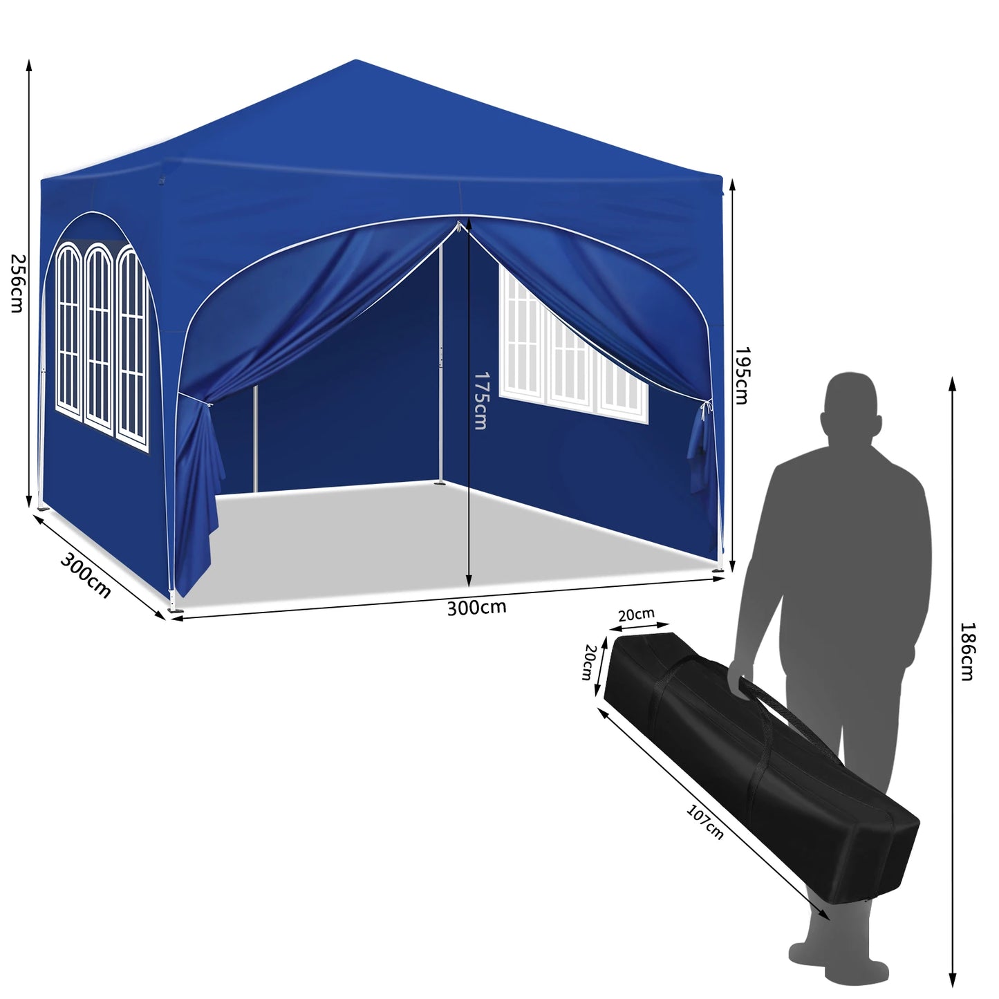 3x3m Folding Gazebo with 4 Side Walls Height-Adjustable Party Tent Water-Repellent UV Protection for Garden Camping Picnic
