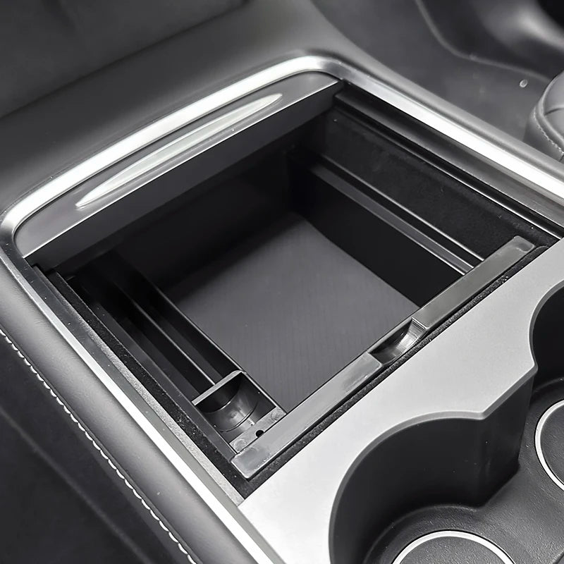 For Tesla Model Y 2020-2024 Hidden Storage Box Car Center Console Armrest Front and Rear Flocking Layer Container Slide