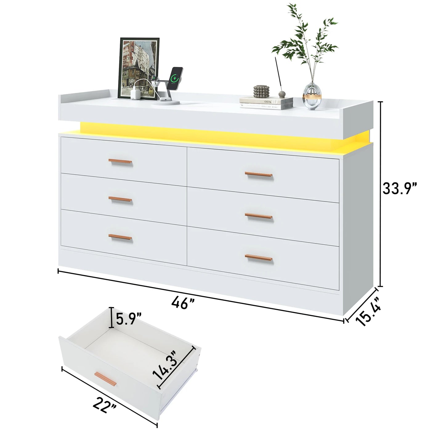 6 Drawer Dresser, 46'' Modern Chest of Drawers for Closet with LED Light, Wide Drawer Organizer Cabinet for Bedroom, White/Black