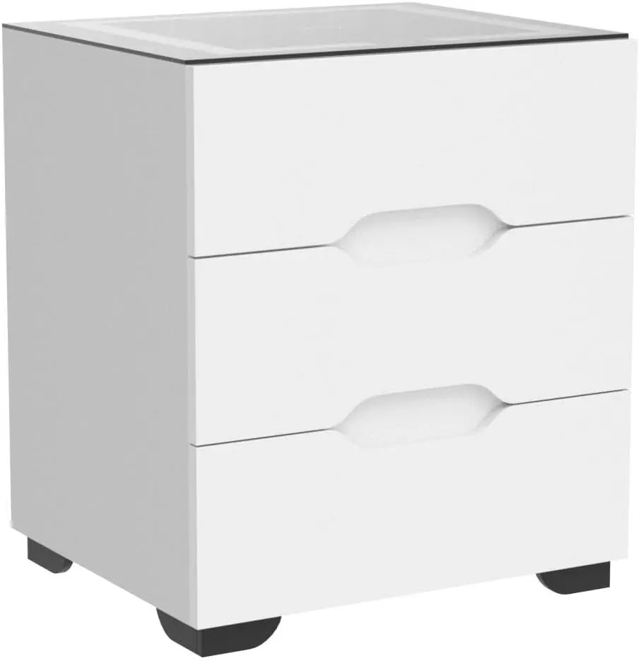 White Smart Nightstand with Wireless Charging Station & Adjustable LED Lights, High Gloss End Table with 3 Drawers & USB Chargin