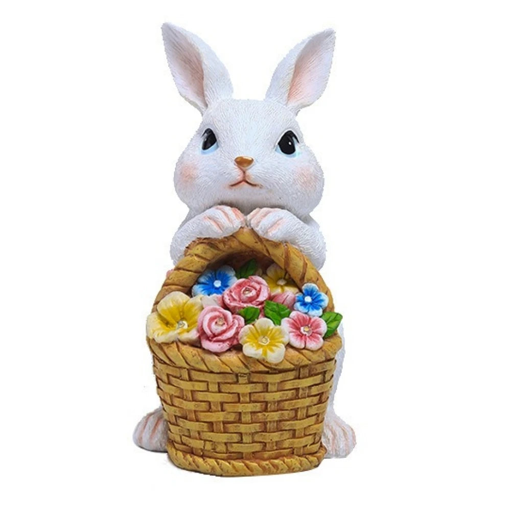 Solar Garden Statues Rabbit & Flowers Decor Outdoor Indoor with LED Light Mothers Day Gardening Gifts Bunny Lawn Statue Ornament