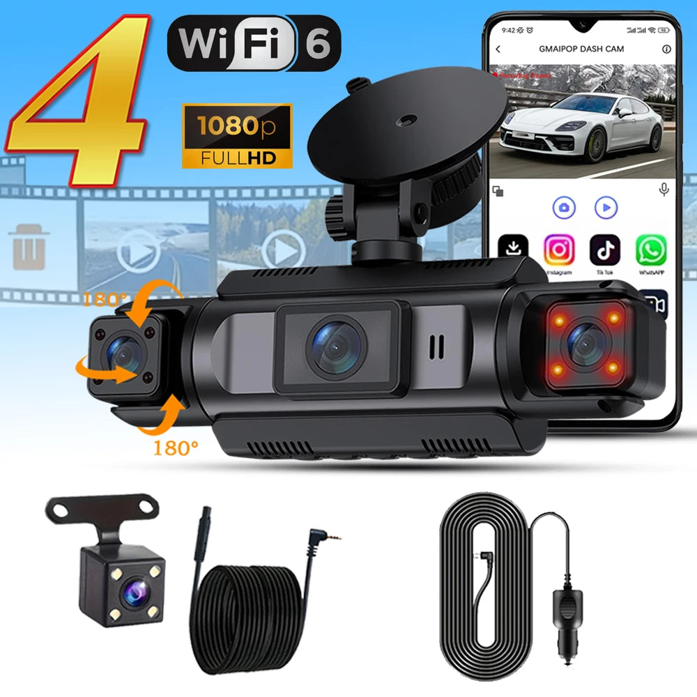 Car Dash Cam 4 Channel Black Box WiFi Driving Camera FHD 1080P Front L