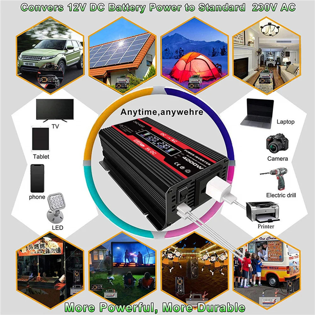 4000W Car Power Inverter - 12V to 110V/220V Modified Sine Wave