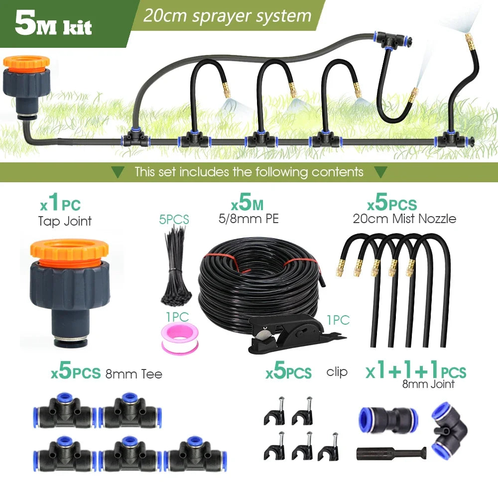 30M-5M DIY Free Bending Universal Sprayer Kit 8mm Hose Patio Misting Cooling System for Garden Plant Fogging Watering Irrigation