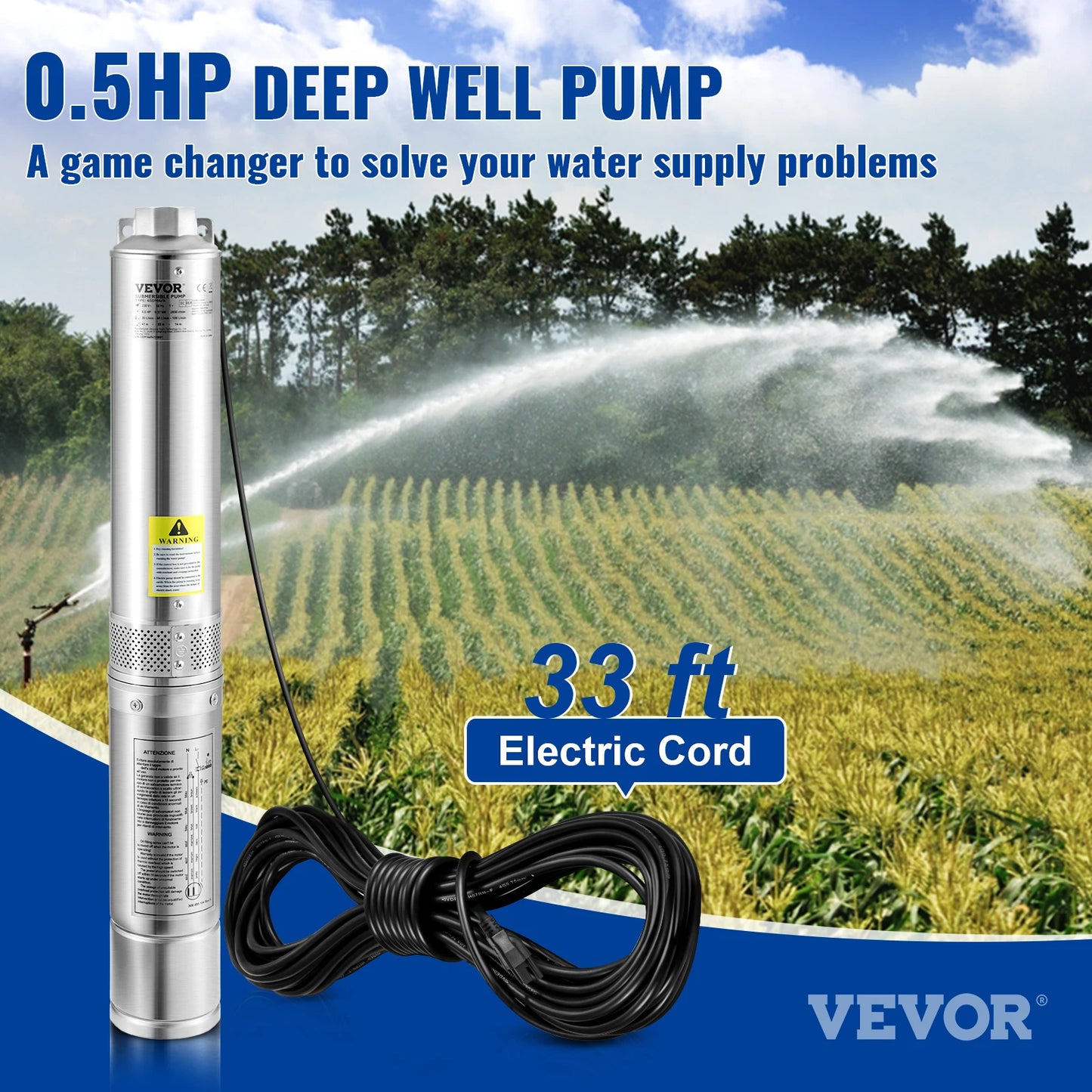 VEVOR Deep Well Submersible Pump 0.5/1/1.5HP 28/37GPM Flow 115V/60Hz 167/207/276ft Head for Industrial, Irrigation & Home Use
