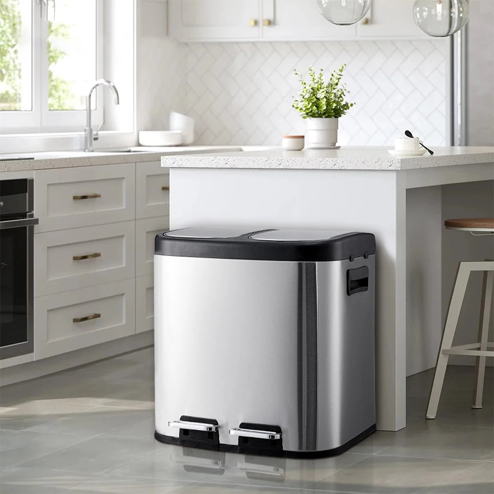 【Lifeideas】30 L/8 Gallon Trash Can, Rectangular Dual Compartment Recycling Step Bin, Stainless Steel Kitchen Trash Can