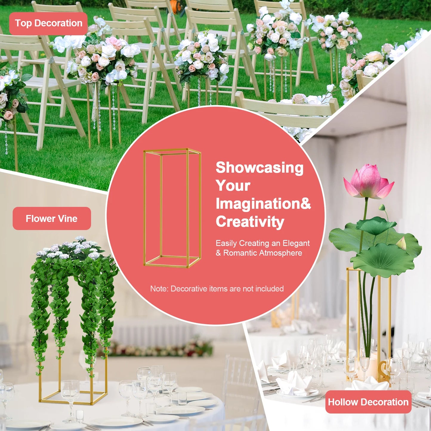 Gold Metal Wedding Flower Stand Set of 10, Modern Rectangular Floral Centerpiece, DIY Flower Holder for Events, Banquets