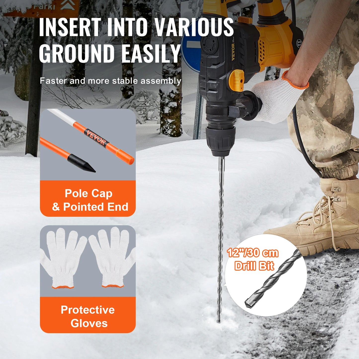 VEVOR Driveway Markers 48 inch 0.4 inch Diameter Fiberglass Poles Snow Stakes For Parking Lots Walkways Easy Visibility