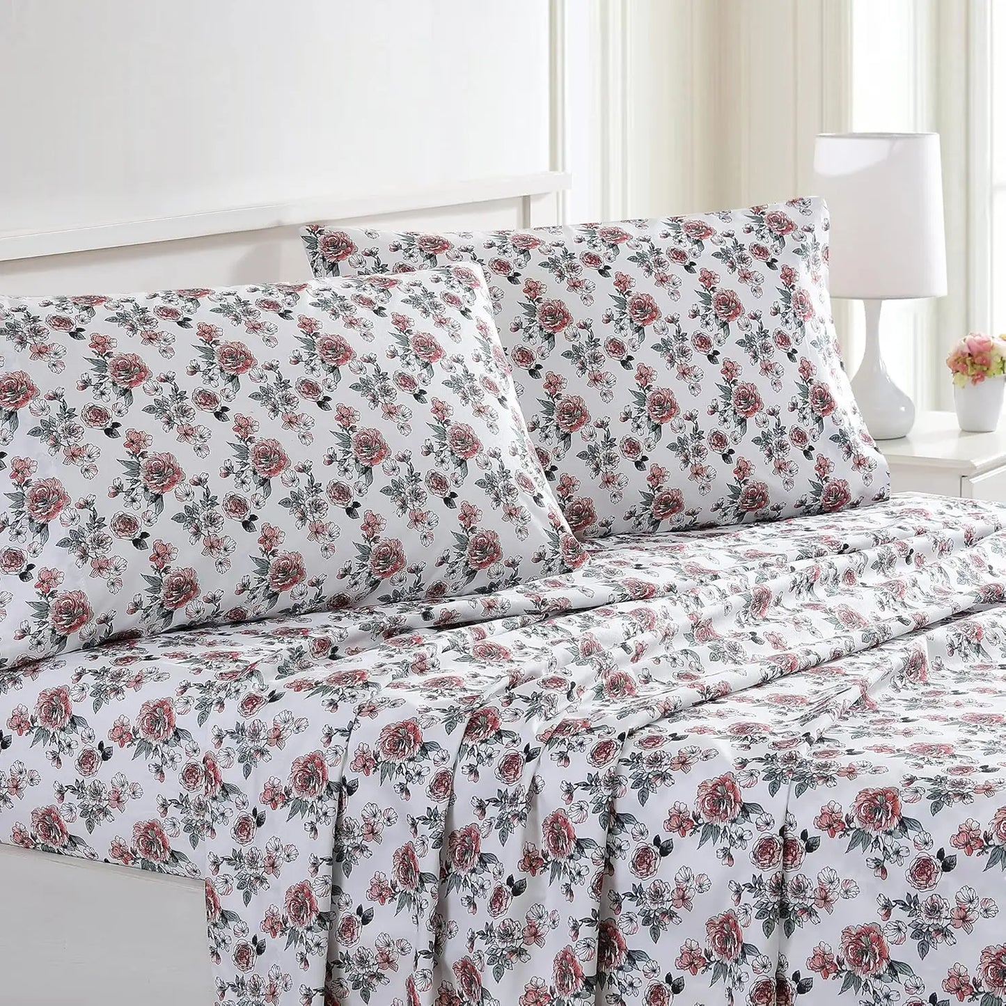 4-Piece Bedding Sheets & Pillowcase Set, Printed Extra Soft Deep Pocket Up To 16 Inch Mattress Forever Roses, Bedding Set