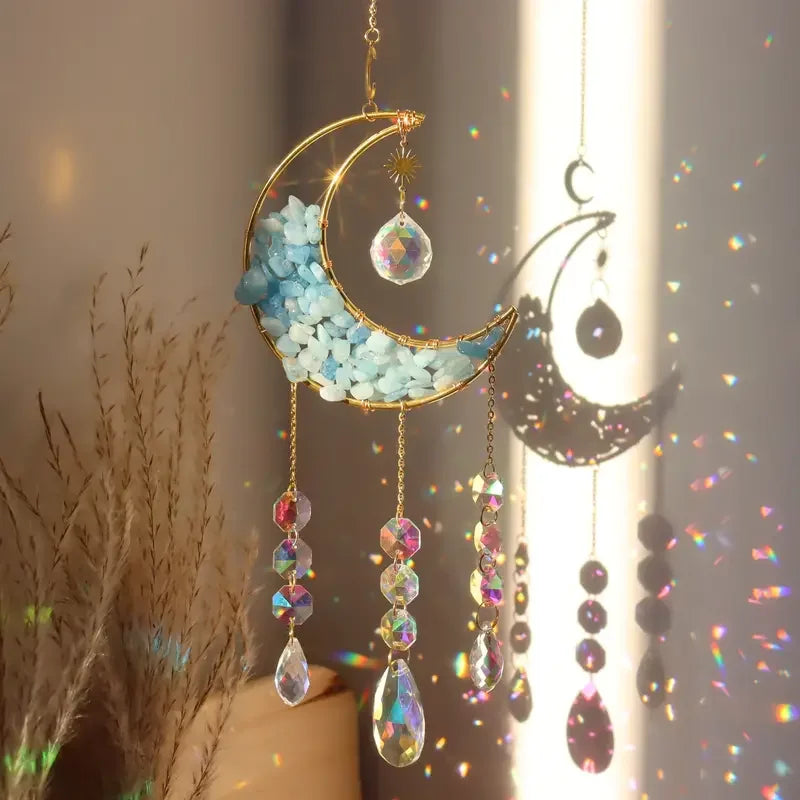 1pc, Amethyst Moon Crystal Prisms Suncatcher, Half Moon Shaped Window Hanging Pendant Glass Prisms Decor Wind Chime Rainbow Sun