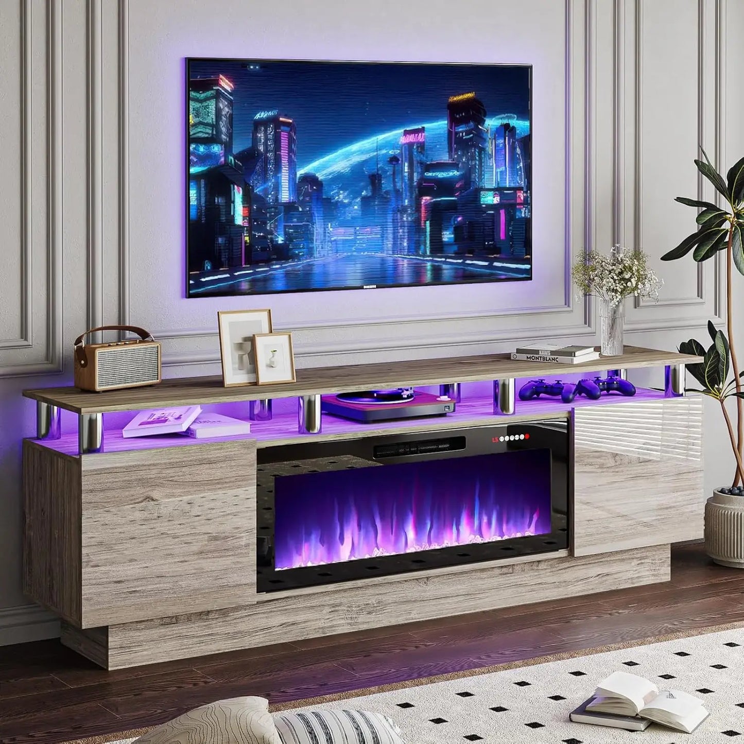 70" Fireplace TV Stand with 36" Electric Insert & LED Lights, Fits 80" TVs | AlluCanFind