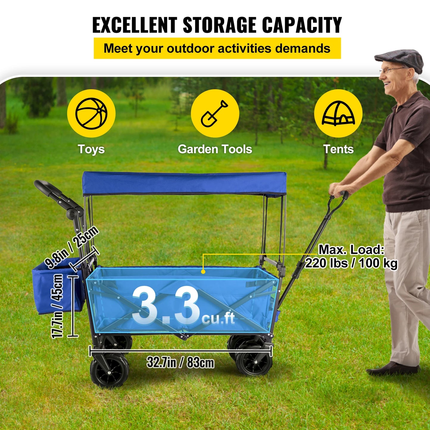 SucceBuy Folding Wagon Cart Adjustable Handle Bar Removable Canopy Oxford Cloth Collapsible Shopping Outdoor Camping Beach Cart