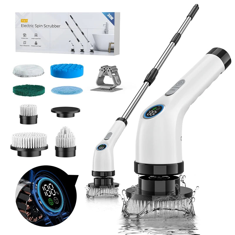 Electric Spin Scrubber Shower Scrubber Cordless Cleaning Brush with 7 Replaceable Brush Heads and Squeegee Adjustable Extension