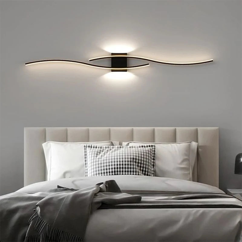 Modern LED Strip Wall Sconce - Double Curve, Remote, Black Gold, Bedside Bedroom | AlluCanFind