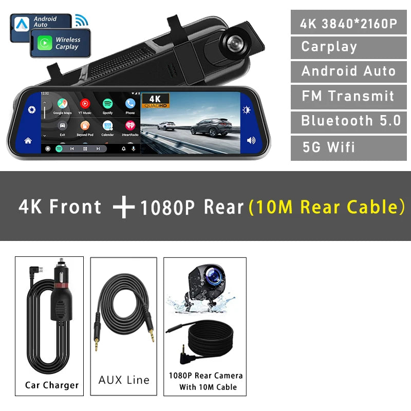 10" Dash Cam 4K 3840*2160P Car Dvr Carplay Android Auto GPS 5G WIFI A