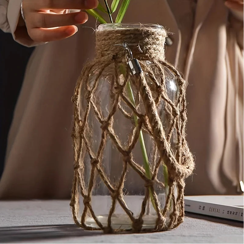 Boho-Chic Handwoven Mesh Glass Vase - Portable, Transparent with Solid Pattern for Home Decor & Hydroponics