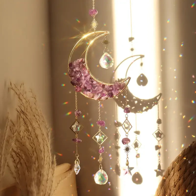 1pc, Amethyst Moon Crystal Prisms Suncatcher, Half Moon Shaped Window Hanging Pendant Glass Prisms Decor Wind Chime Rainbow Sun