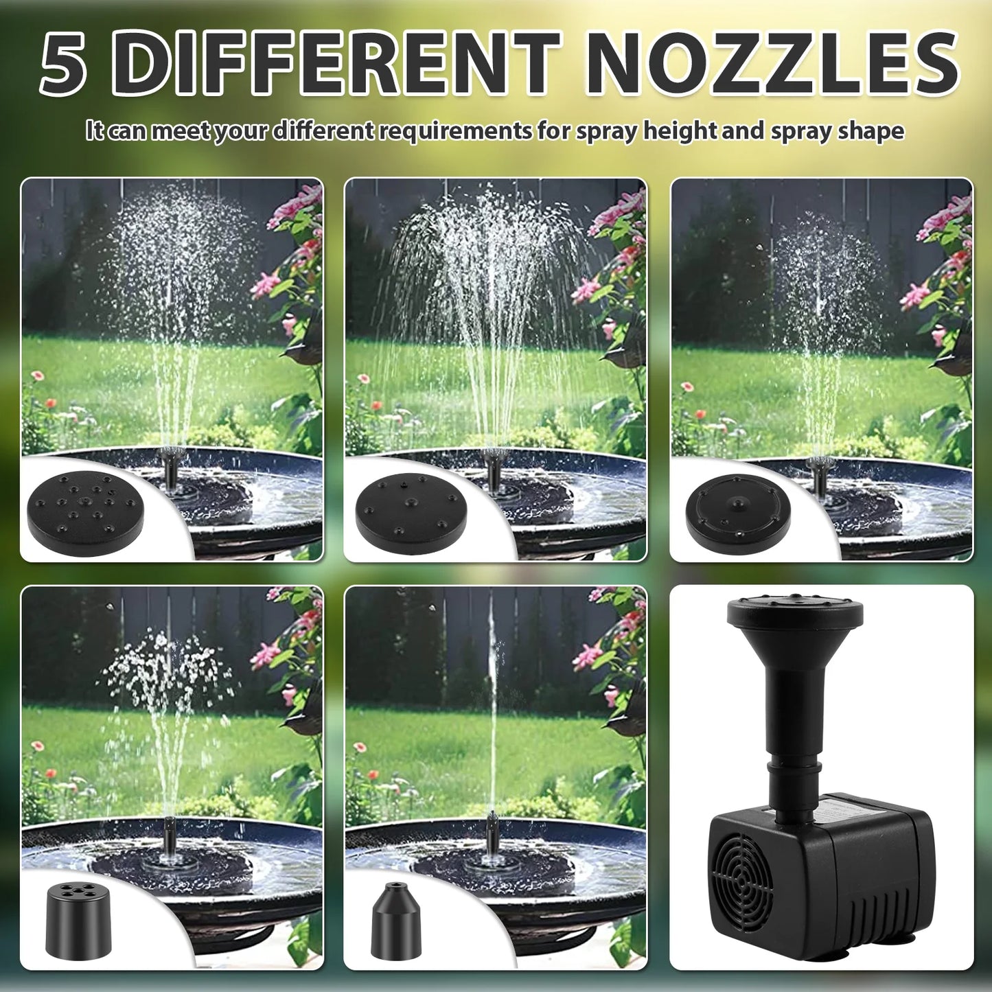 2.5W Solar Fountain Pump Bird Bath Garden Pool Pond Waterfall Fountain Solar Panel Powered Water Pump with 9 Nozzles