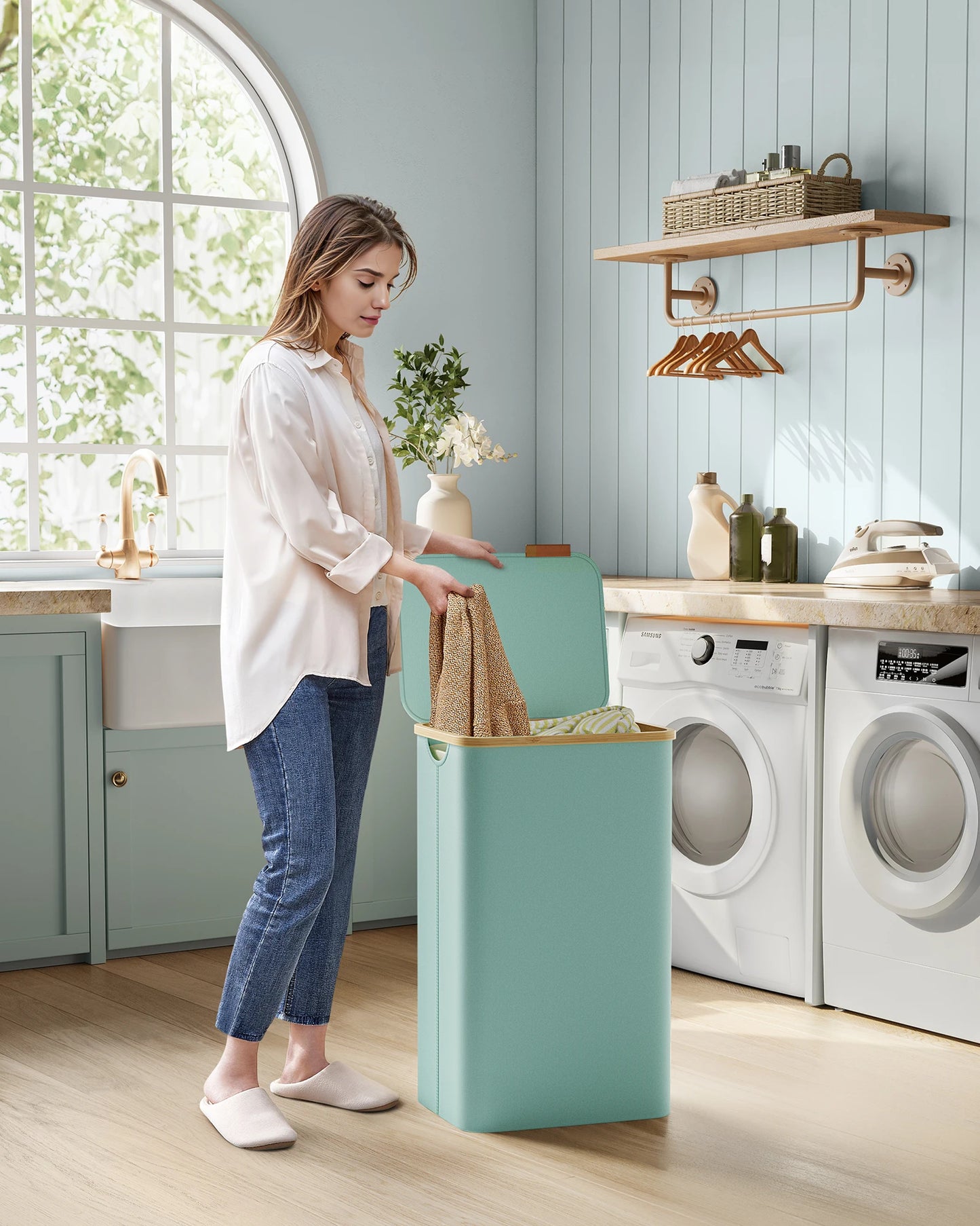 SONGMICS laundry basket with Lid Laundry Collector 90 L Removable Laundry Bag Oxford Fabric Bamboo Handles