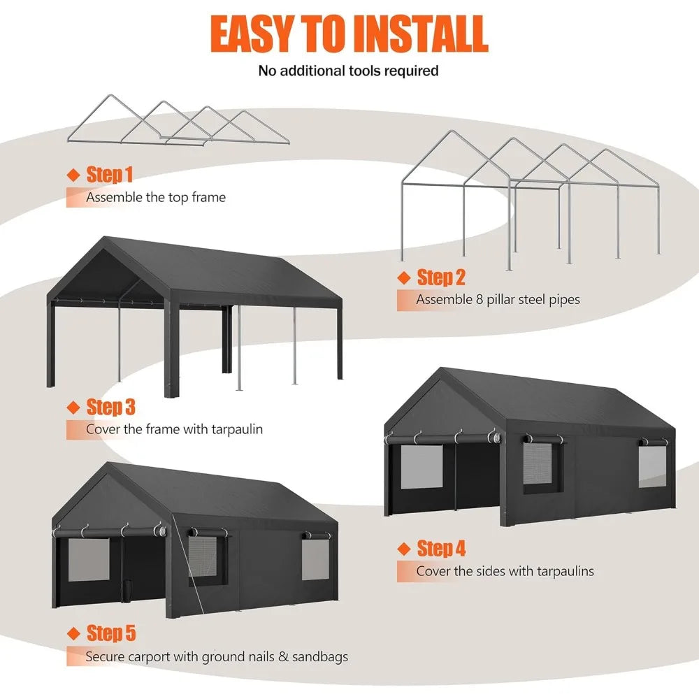 12x20 ft Carport with Roll-up Windows, Portable Garage with Removable Sidewalls & Doors, Canopy W Sandbags and All-Season Tarp