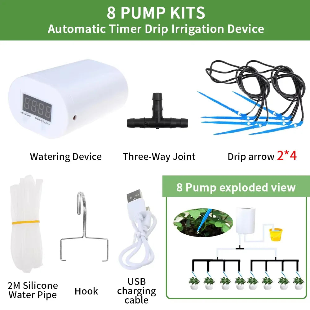Automatic Plant Flower Watering Pump Home Sprinkler Drip Irrigation Device 4/8/16 Heads Pump Timer System Kit Garden Tool