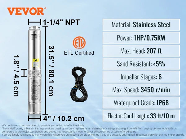 VEVOR Deep Well Submersible Pump 0.5/1/1.5HP 28/37GPM Flow 115V/60Hz 167/207/276ft Head for Industrial, Irrigation & Home Use