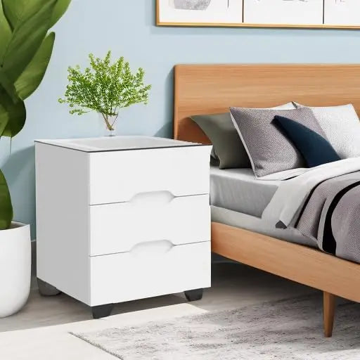 White Smart Nightstand with Wireless Charging Station & Adjustable LED Lights, High Gloss End Table with 3 Drawers & USB Chargin
