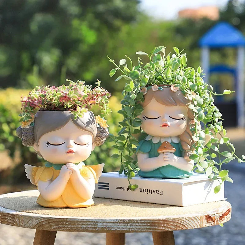 7 inch Cute Angel Girl Face Planter Pot with Drainage Hole, Resin Fairy Tale Planter Ornamental Statues for Home Office Decor