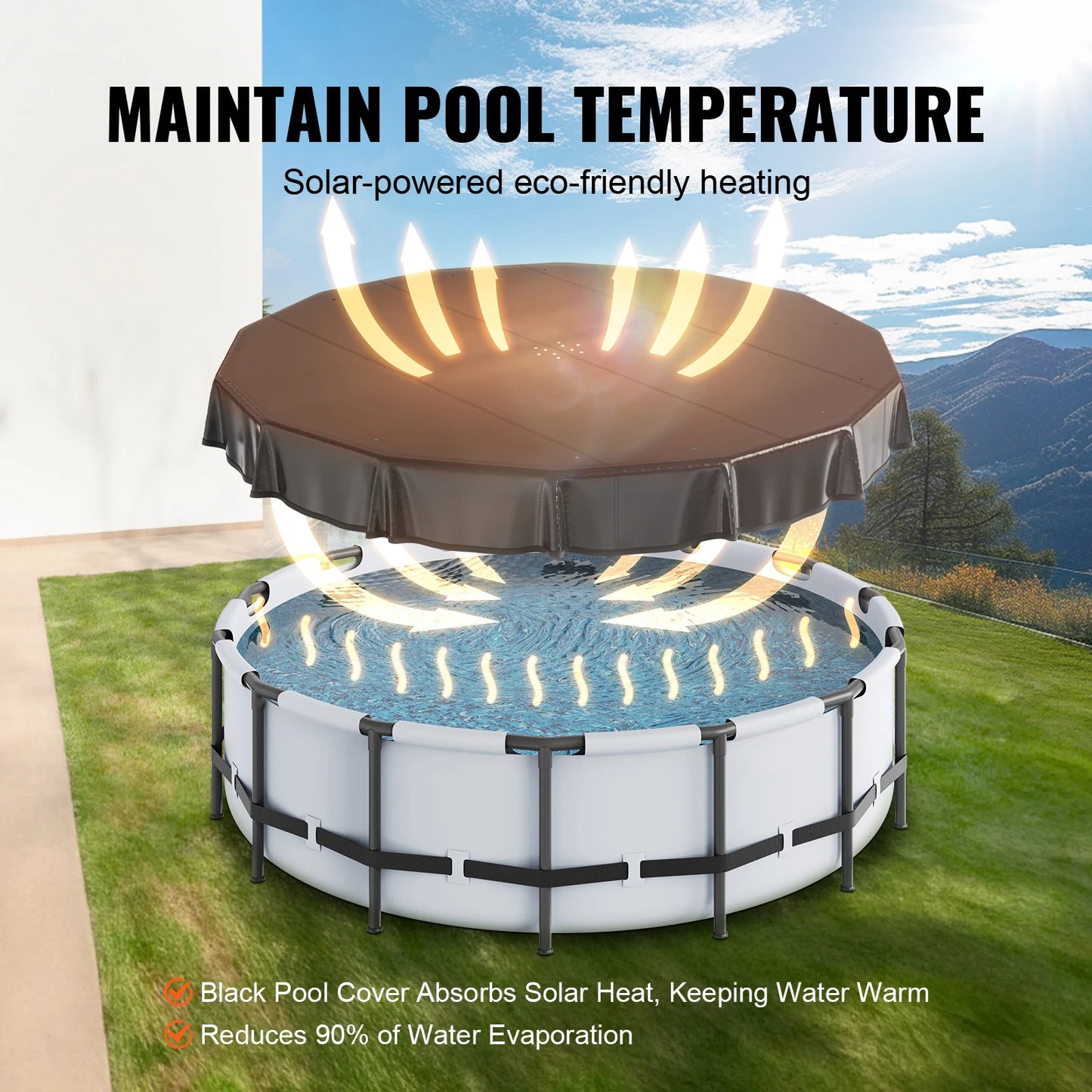 VEVOR 18/15Ft Round Pool Cover Solar Covers for Above Ground Pools Safety Pool Cover with Drawstring Design Black