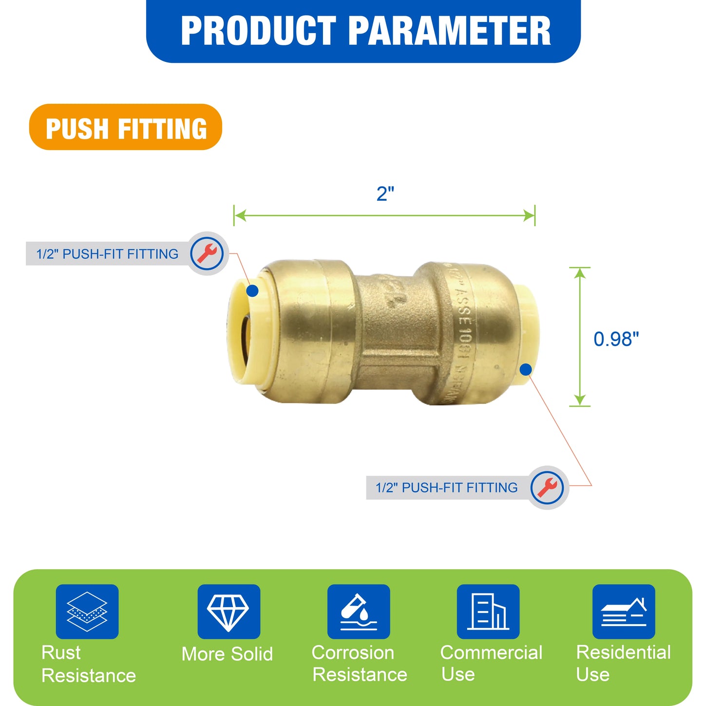 KING SMART 1/2" Push Fit * 1/2" Push Fit Coupling; 10Pcs/Case; 80500