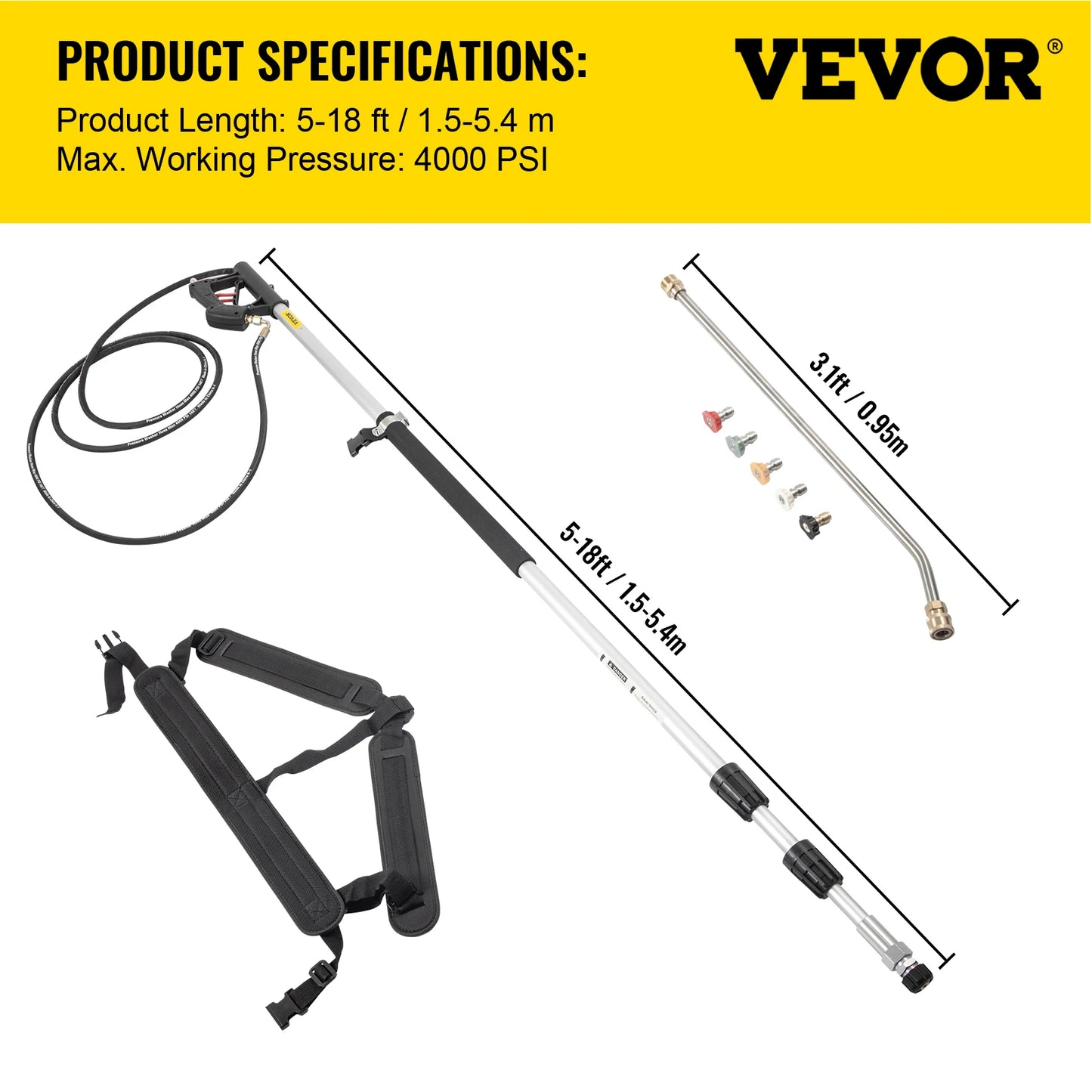 VEVOR 18 / 20ft Telescoping Pressure Washer Wand 4000psi w/Strap Belt 3/8" Quick Connector Extension Pole for Power Washer Spray