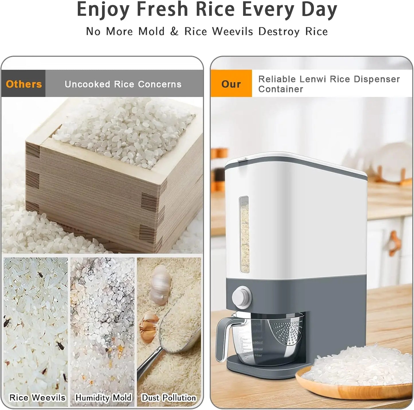 25 Lbs Rice Dispenser / Large Dry Food Storage w/ Measuring Cup, BPA-Free for Kitchen Pantry | AlluCanFind