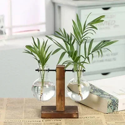 Transparent Bulb Vase with Wooden Stand Desktop Glass Planter for Hydroponics Plants Coffee Shop Room Decor